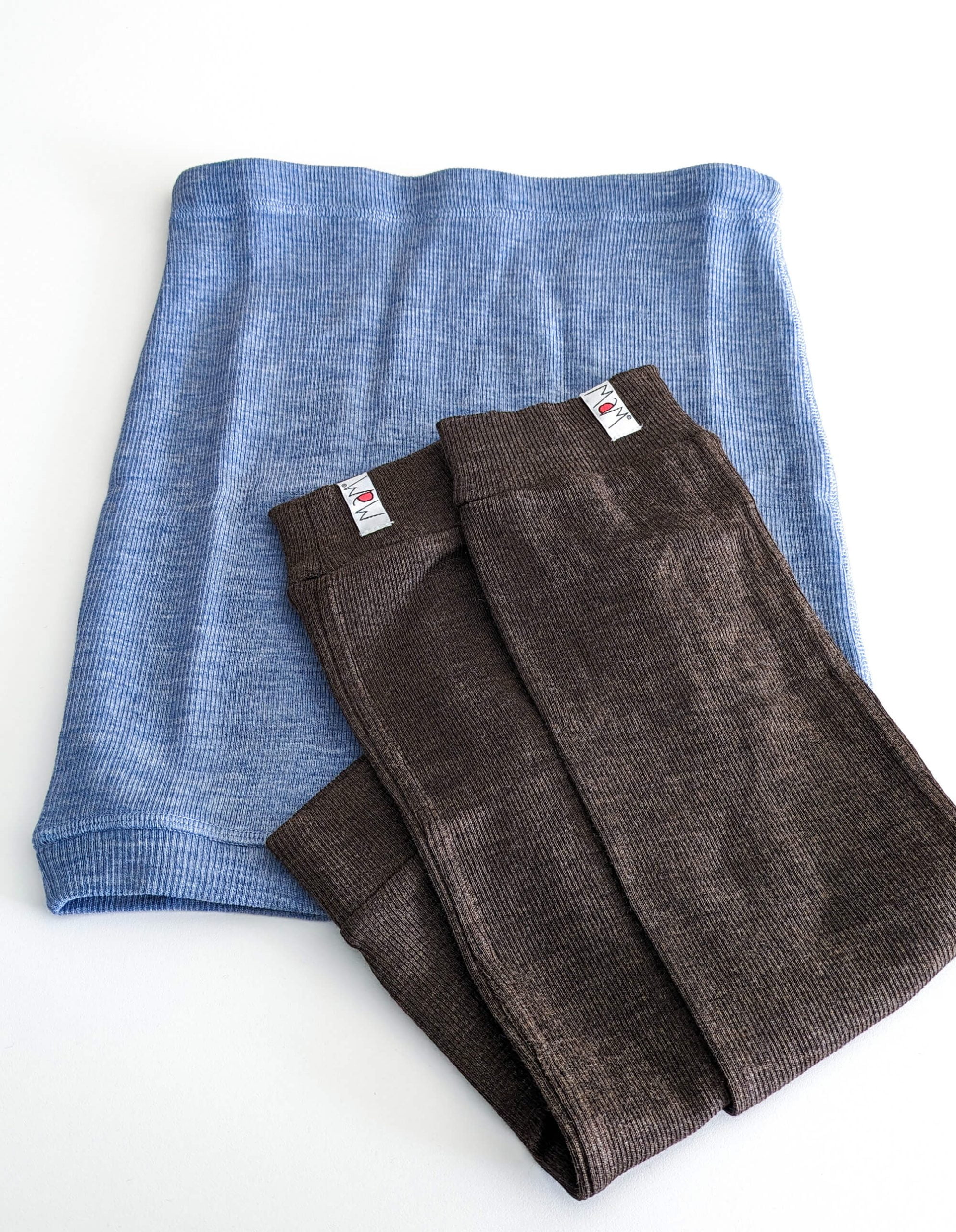 ManyMonths MaM multitube jupe jambières adulte laine mérinos bleu Blue mist marron Hippopotamus